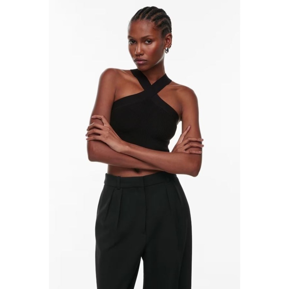 Rachel Zoe Women's Rib Knit Criss Cross Crop Sleeveless Halter Top Black Large